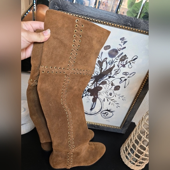 Michael Kors Malin Over The Knee Boots Brown And Gold Suede Boots Size 9 - Picture 5 of 11